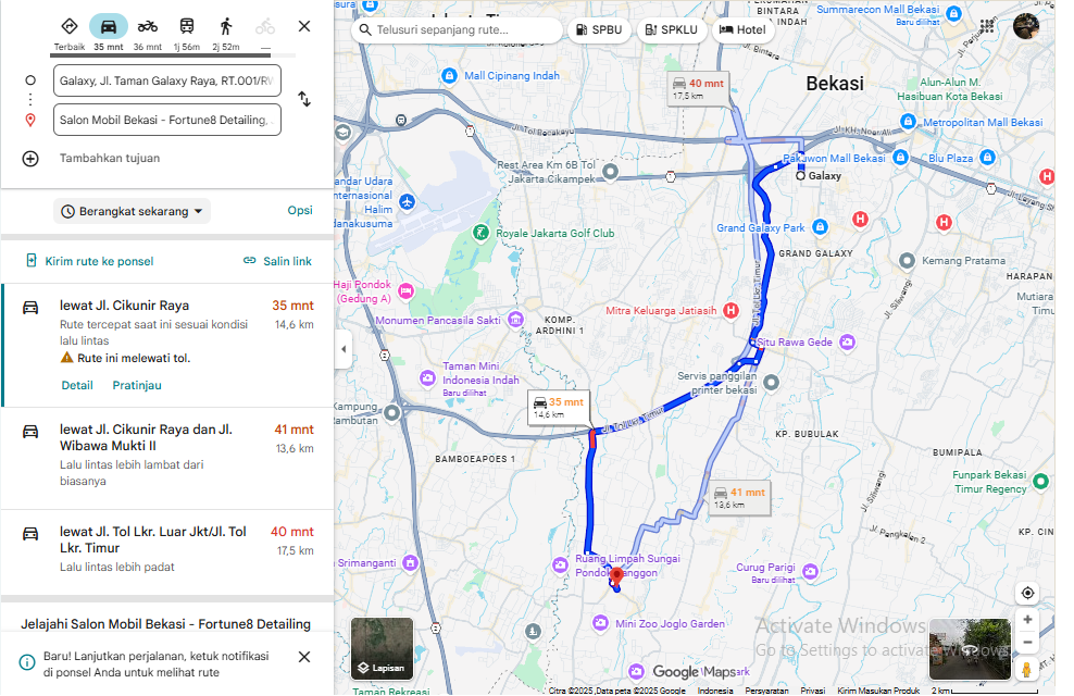 Rute dari Galaxy ke Salon Mobil Bekasi